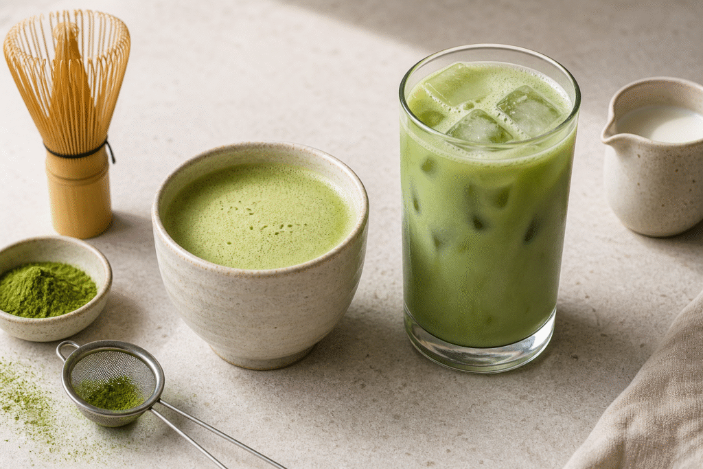 Hot matcha latte and iced matcha latte with matcha powder, sifter, whisk and milk pitcher
