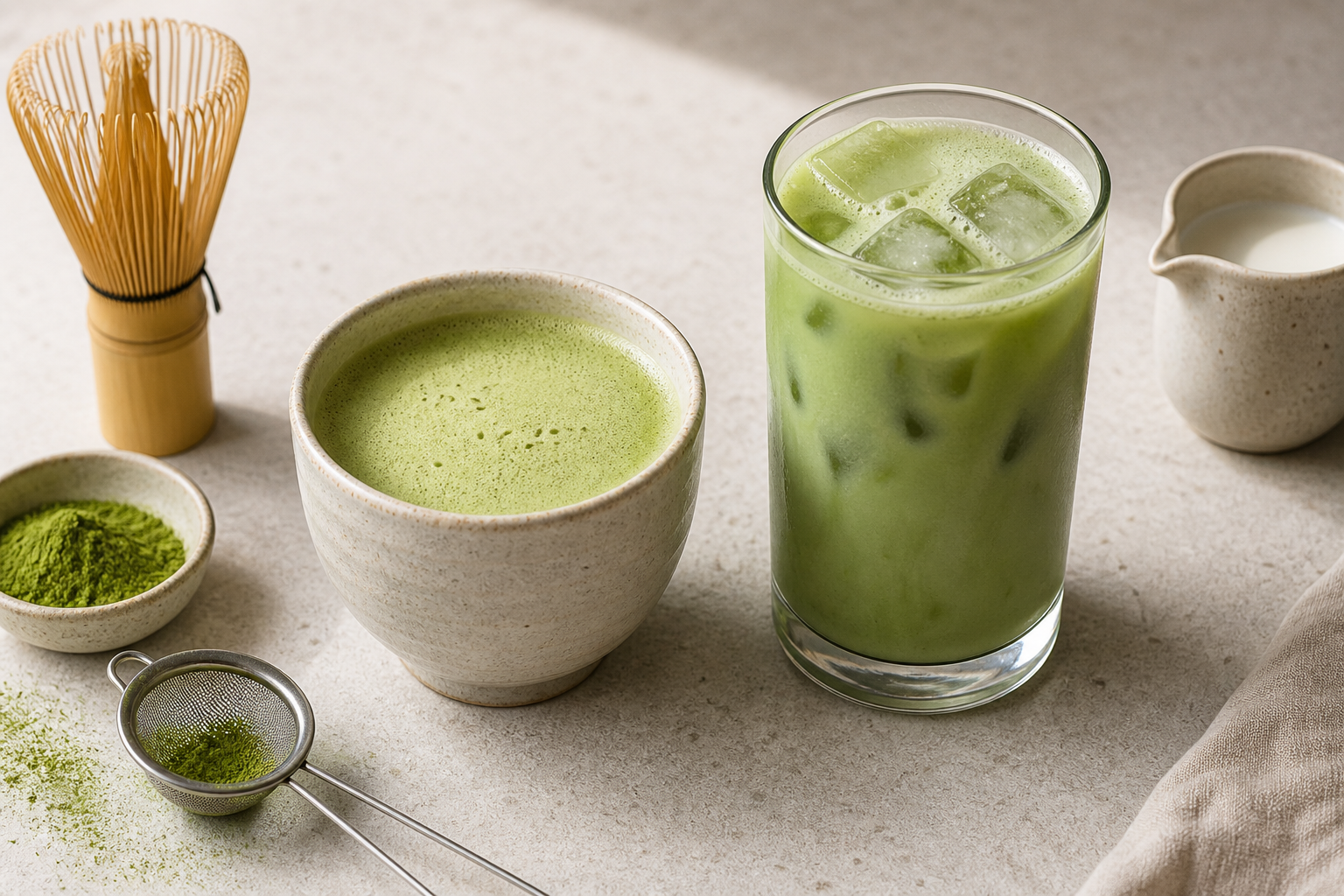 Hot matcha latte and iced matcha latte with matcha powder, sifter, whisk and milk pitcher