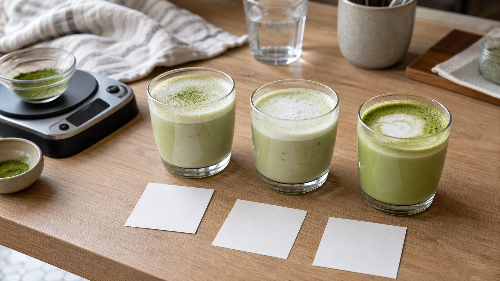 Three unbranded matcha lattes beside blank tasting cards and a kitchen scale