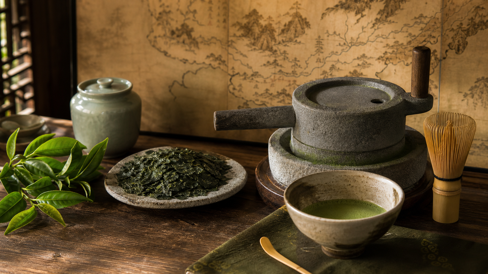 Tea leaves, dried tea, a stone mill, bamboo whisk and matcha beside an unlabeled antique map