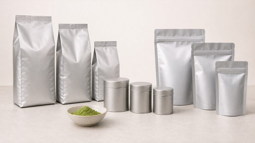 Unbranded matcha bulk bags, small tins and stand-up pouches compared by format