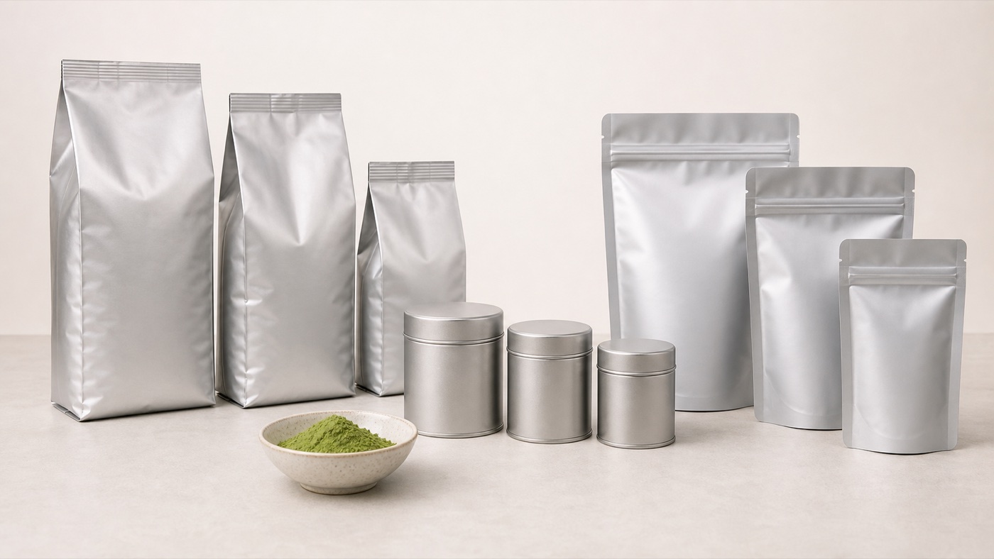 Unbranded matcha bulk bags, small tins and stand-up pouches compared by format
