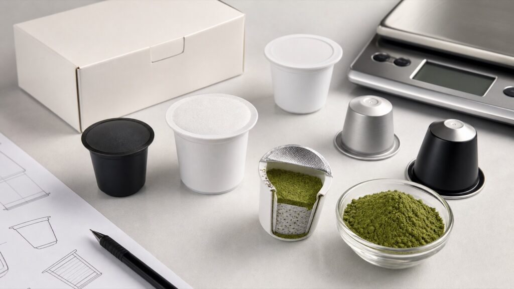 Generic blank beverage pods, capsule cross-section, matcha powder and scale
