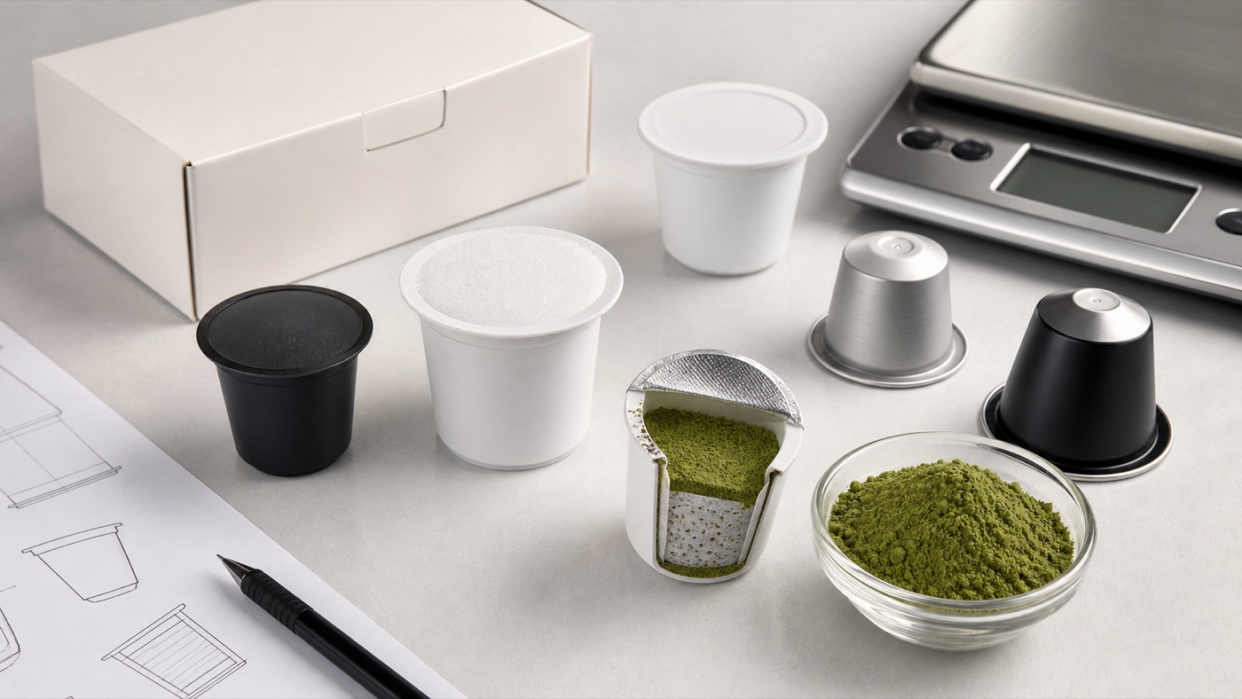 Generic blank beverage pods, capsule cross-section, matcha powder and scale