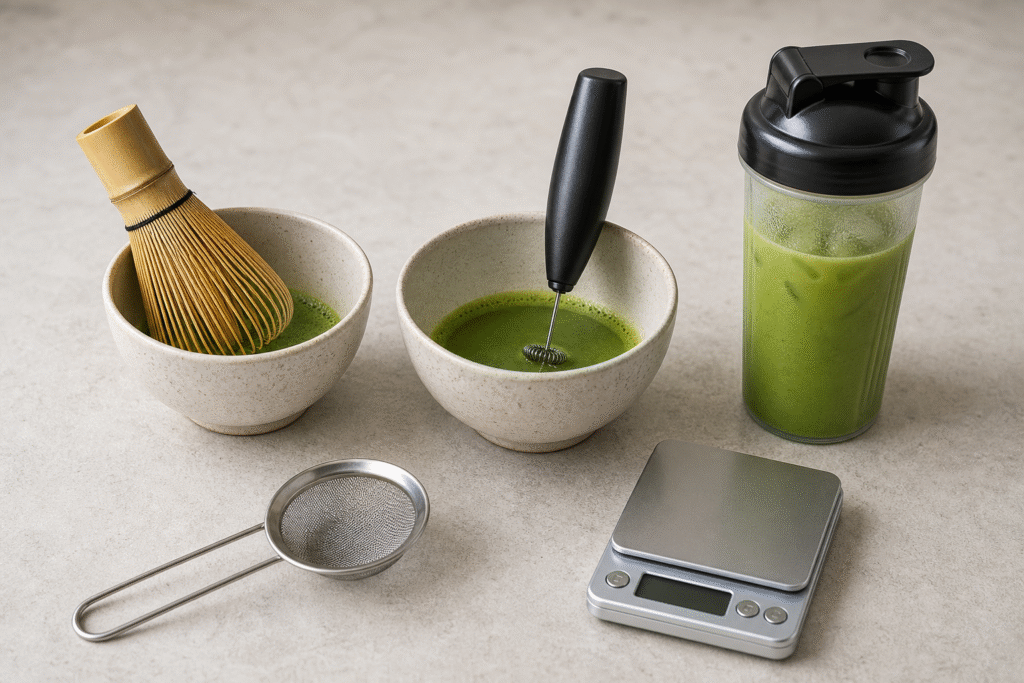 Bamboo whisk, electric frother and closed shaker arranged as three matcha preparation methods