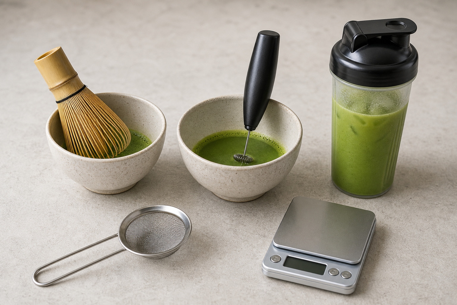 Bamboo whisk, electric frother and closed shaker arranged as three matcha preparation methods