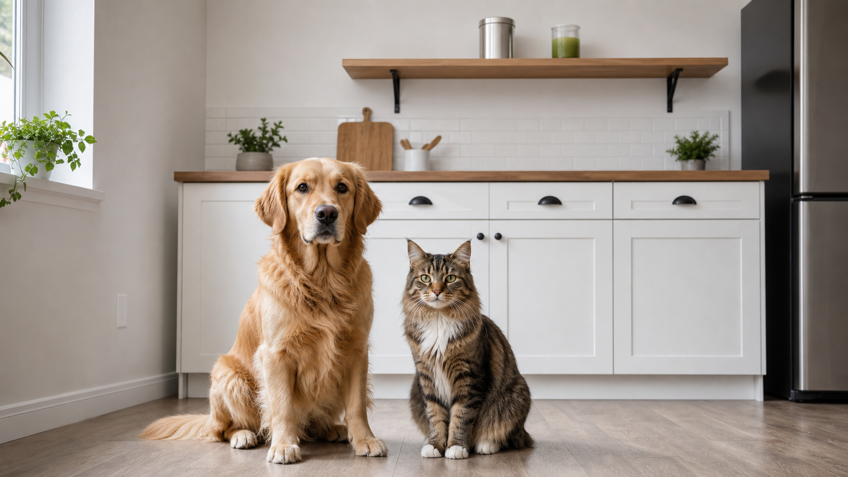 Dog and cat sitting in a kitchen while sealed matcha is stored on a high shelf
