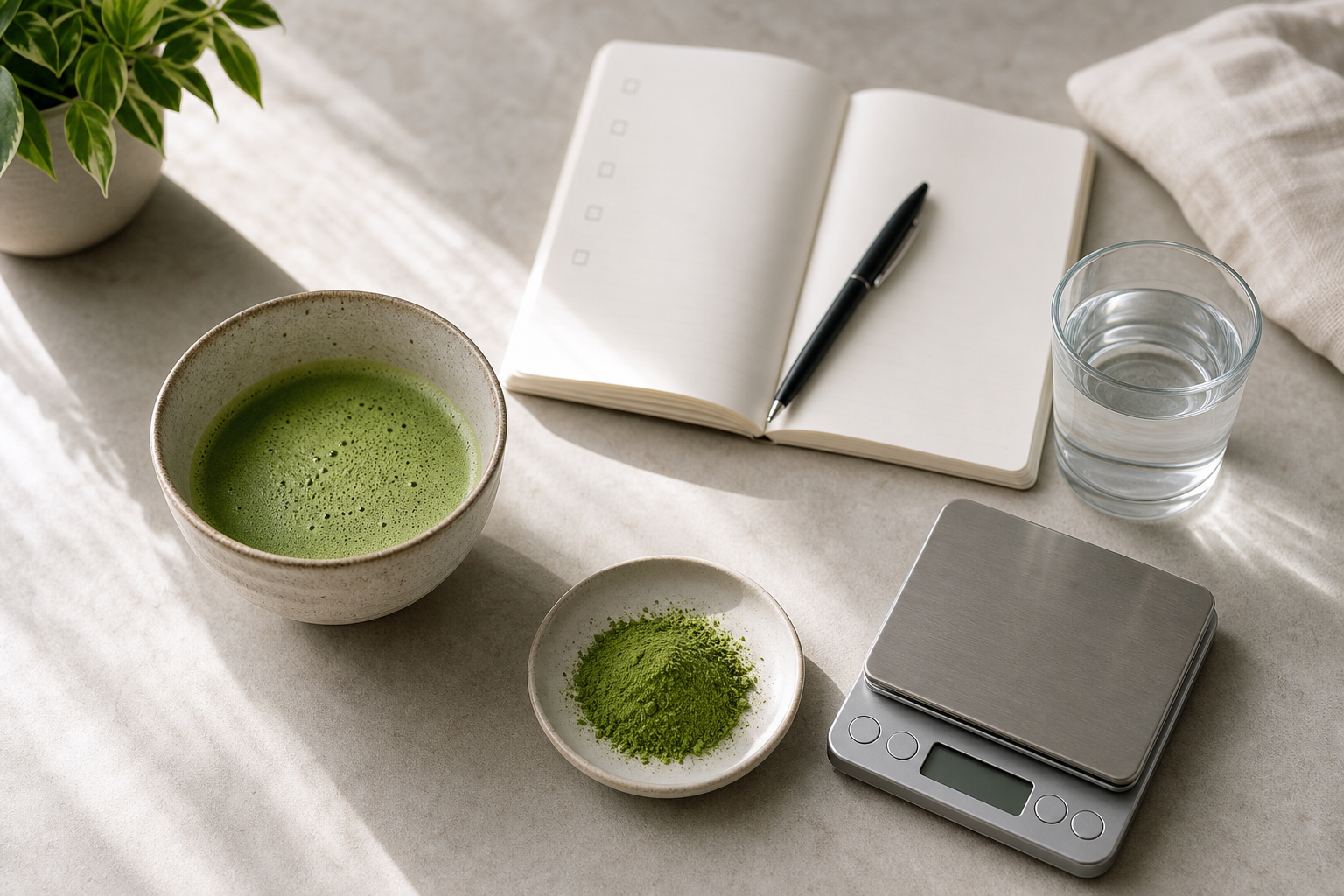 Prepared matcha, measured powder, water, kitchen scale and blank checklist