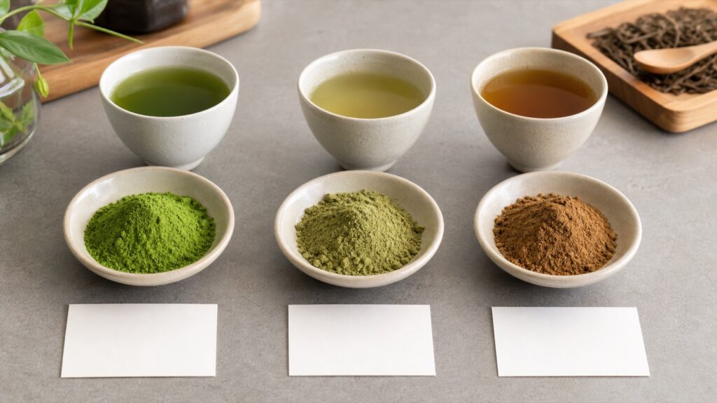 Three unbranded tea powder samples and prepared cups in green, olive and roasted brown