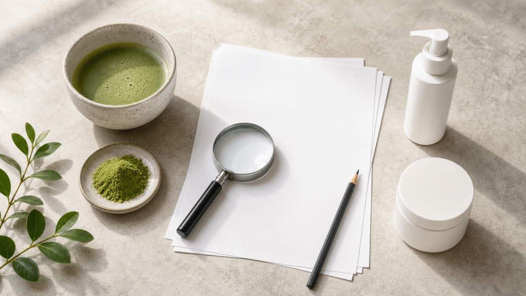 A bowl of matcha beside research papers, a magnifying glass and unbranded skincare containers