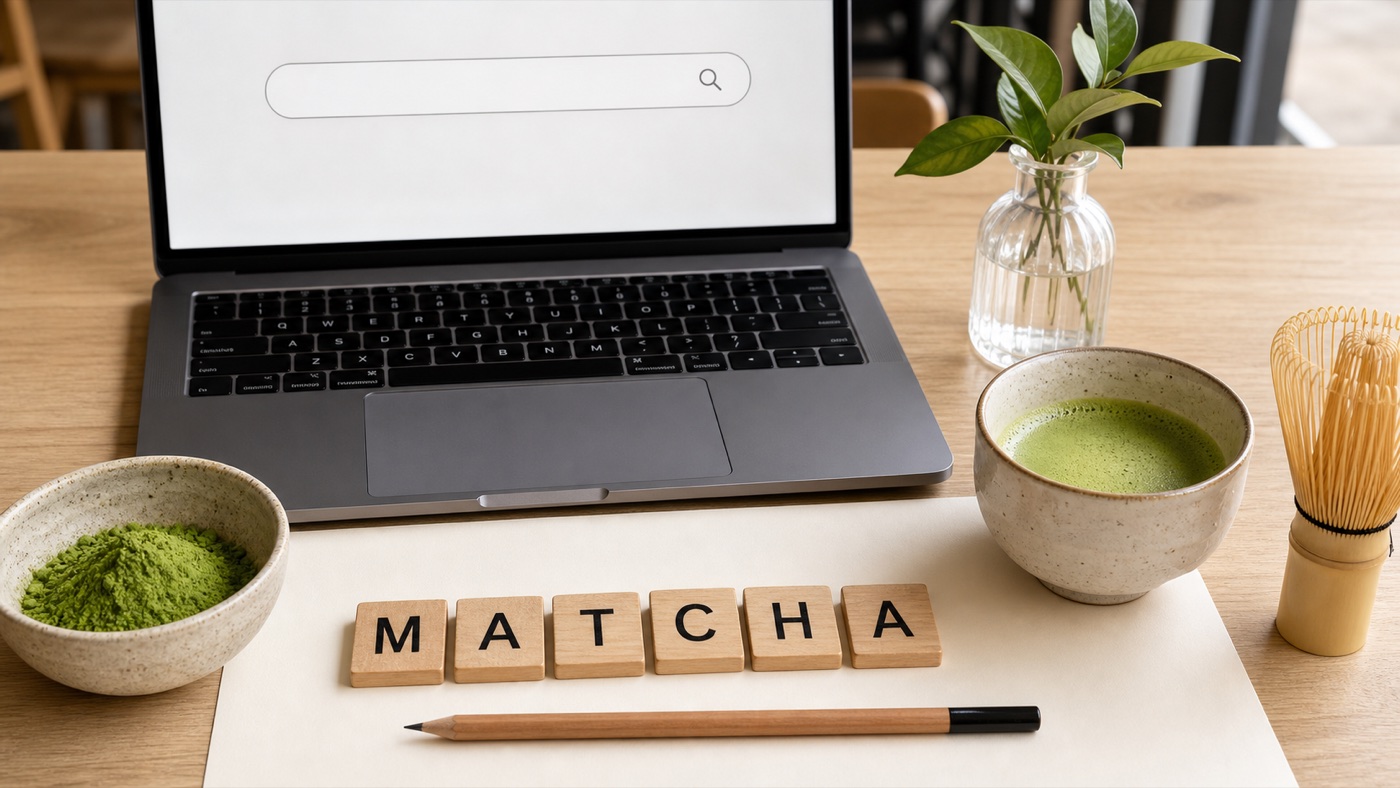 Wooden letter tiles spelling MATCHA beside matcha powder and a blank search field