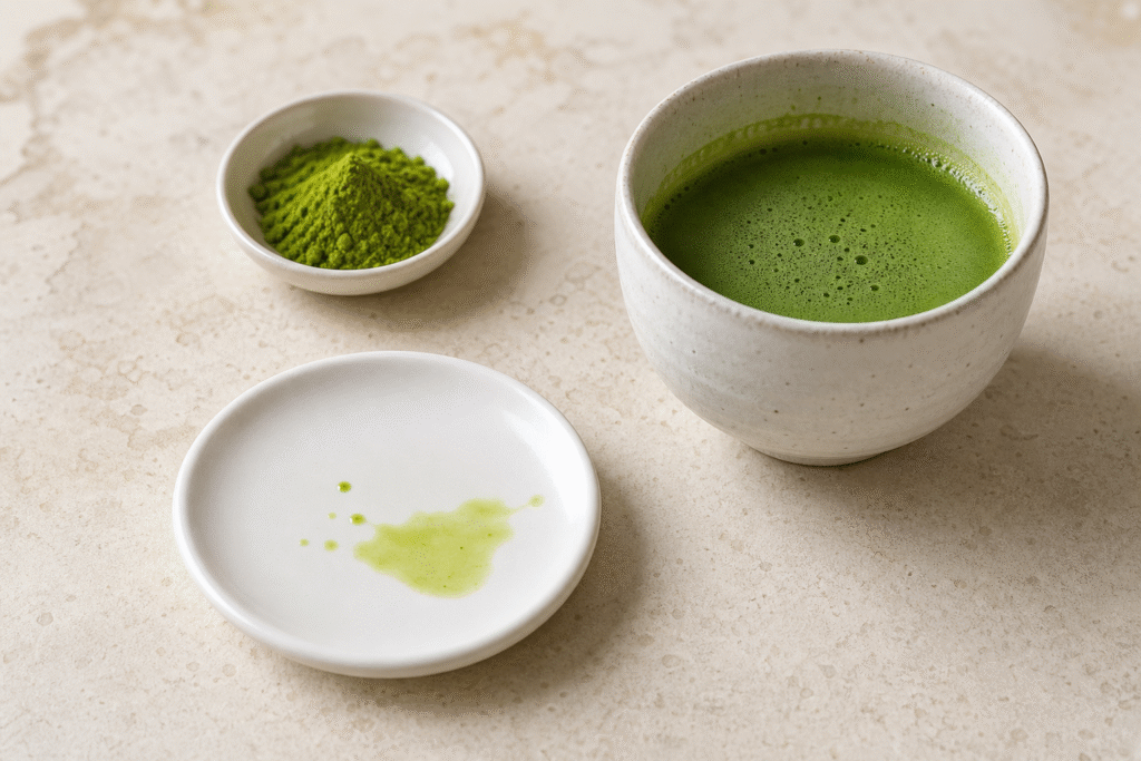 Small green matcha splash on a white ceramic saucer beside a bowl of matcha