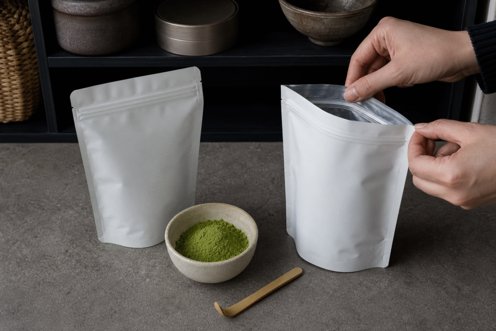 Plain resealable pouches, matcha powder and a dry scoop on a pantry work surface