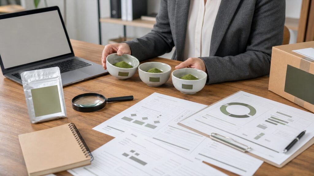 Food buyer reviewing matcha samples and supplier documents at a meeting table