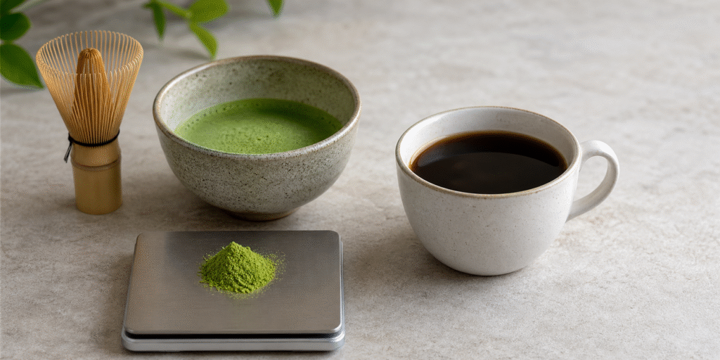 Matcha powder on a digital scale beside prepared matcha and coffee