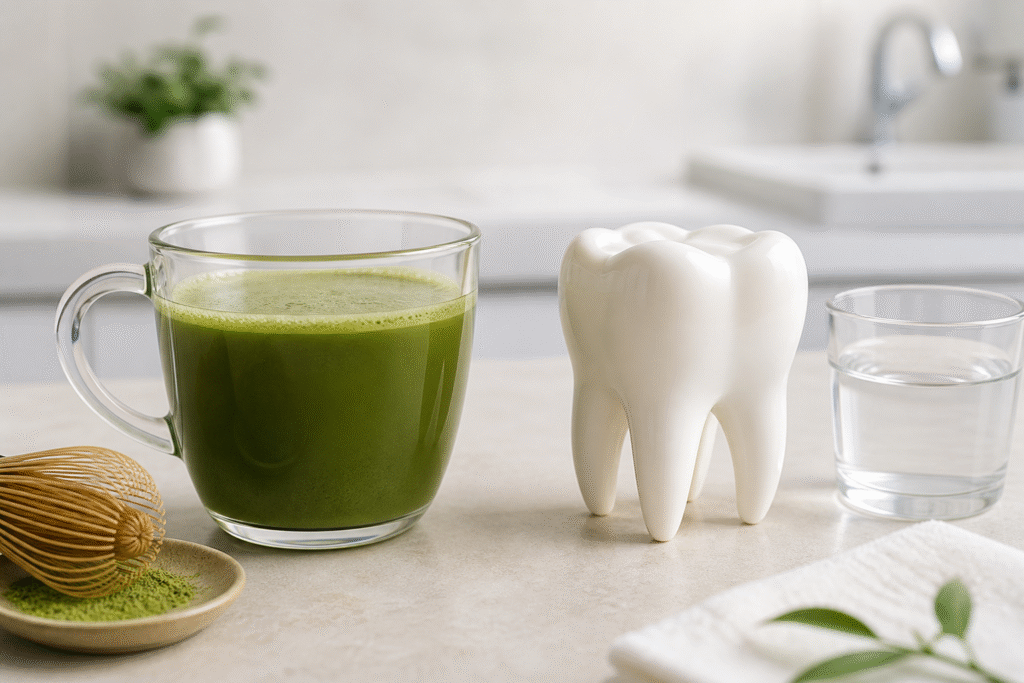 Prepared matcha beside a clean ceramic tooth model and a glass of water