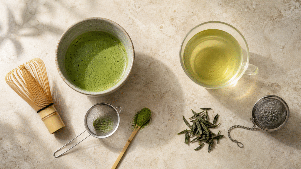 Bowl of whisked matcha beside a clear cup of brewed green tea with preparation tools