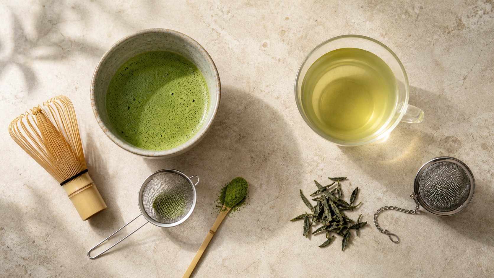 Bowl of whisked matcha beside a clear cup of brewed green tea with preparation tools