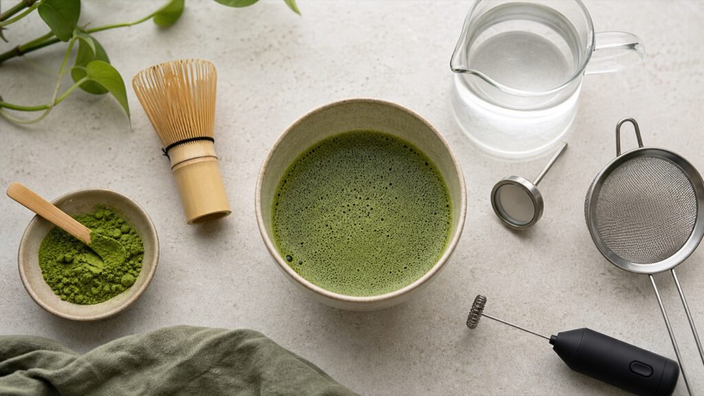 Frothed matcha with bamboo whisk, sifter, water pitcher and handheld frother