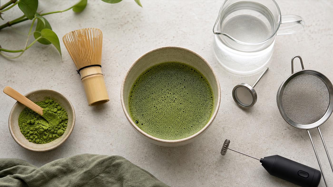 Frothed matcha with bamboo whisk, sifter, water pitcher and handheld frother