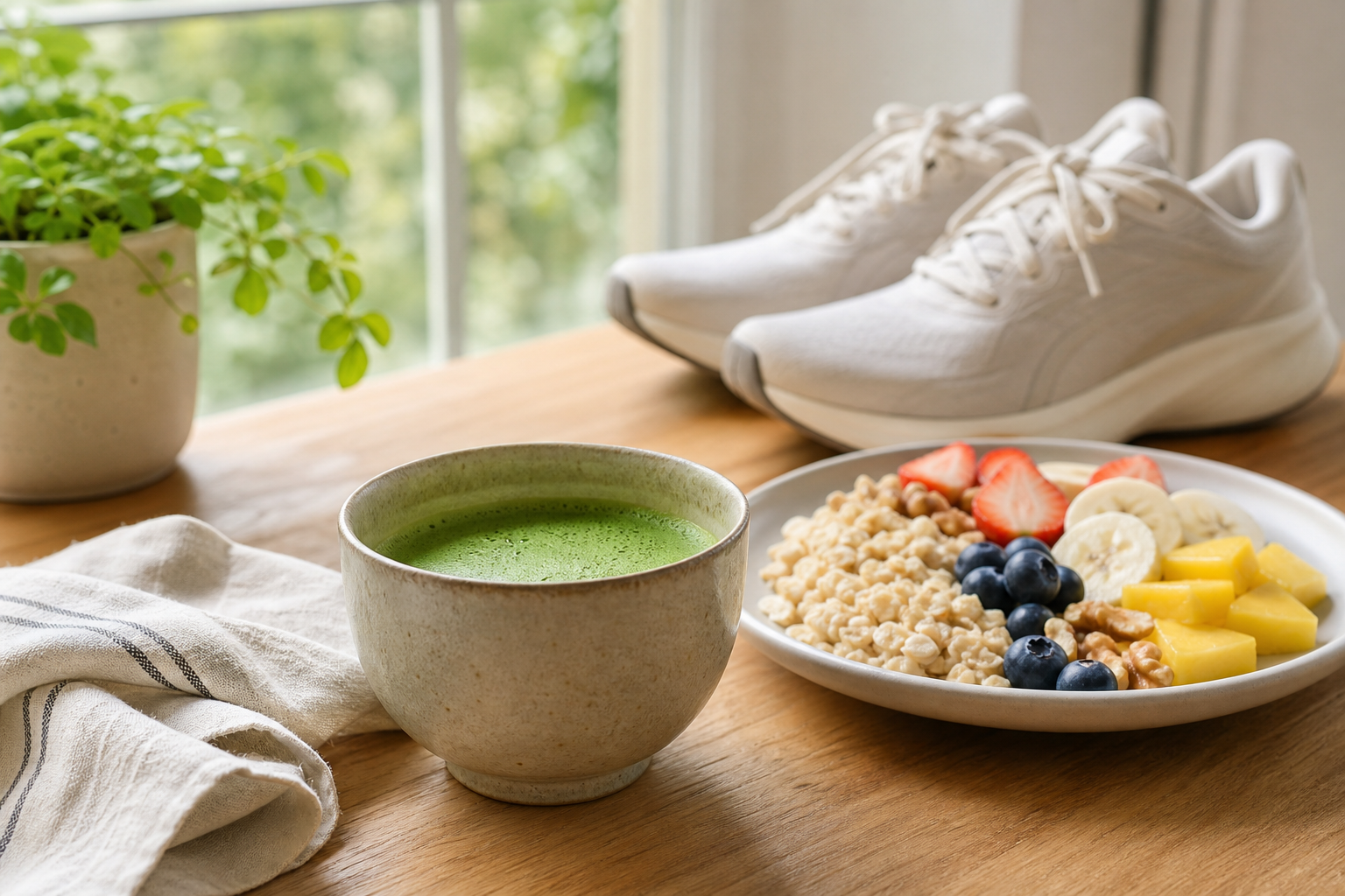 Bowl of plain matcha beside a balanced breakfast and walking shoes