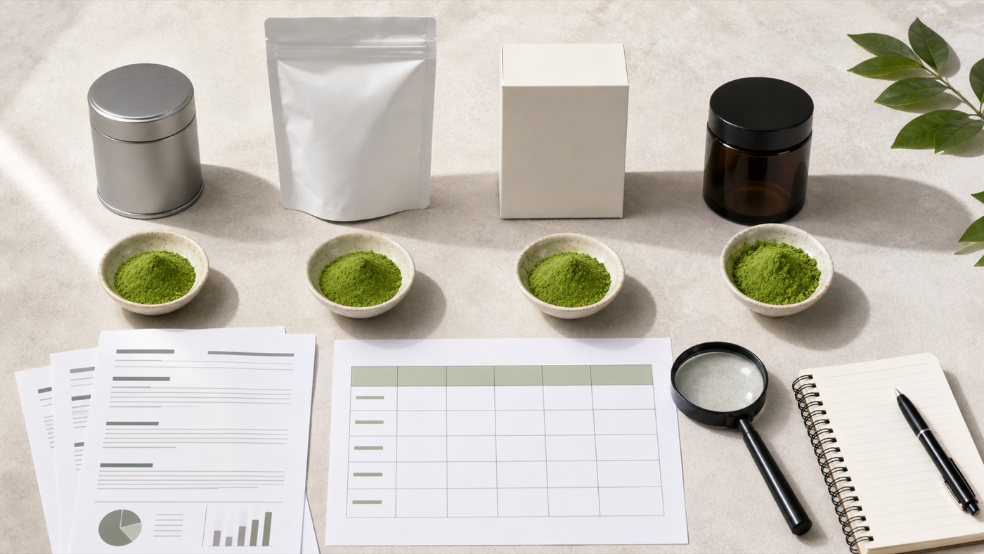 Unbranded matcha containers, samples and buyer comparison documents