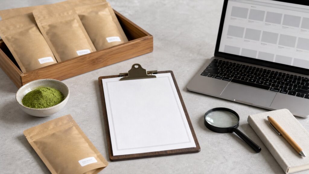Unbranded matcha samples, blank certificate form and supplier directory screen