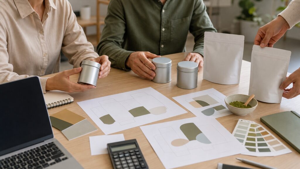 Brand team comparing blank matcha tins and pouches during private-label planning