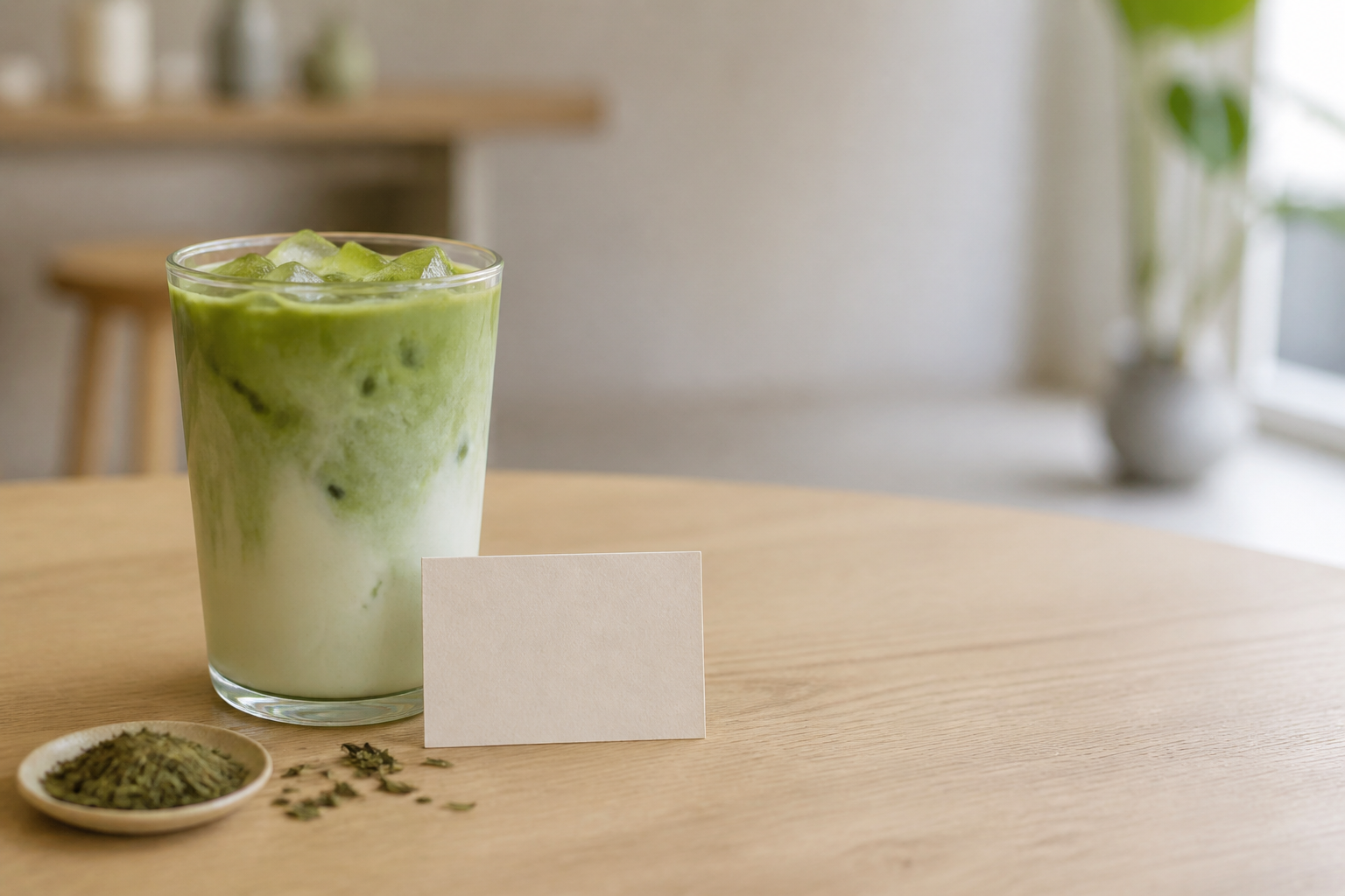 Unbranded iced matcha latte beside a blank information card on a café table