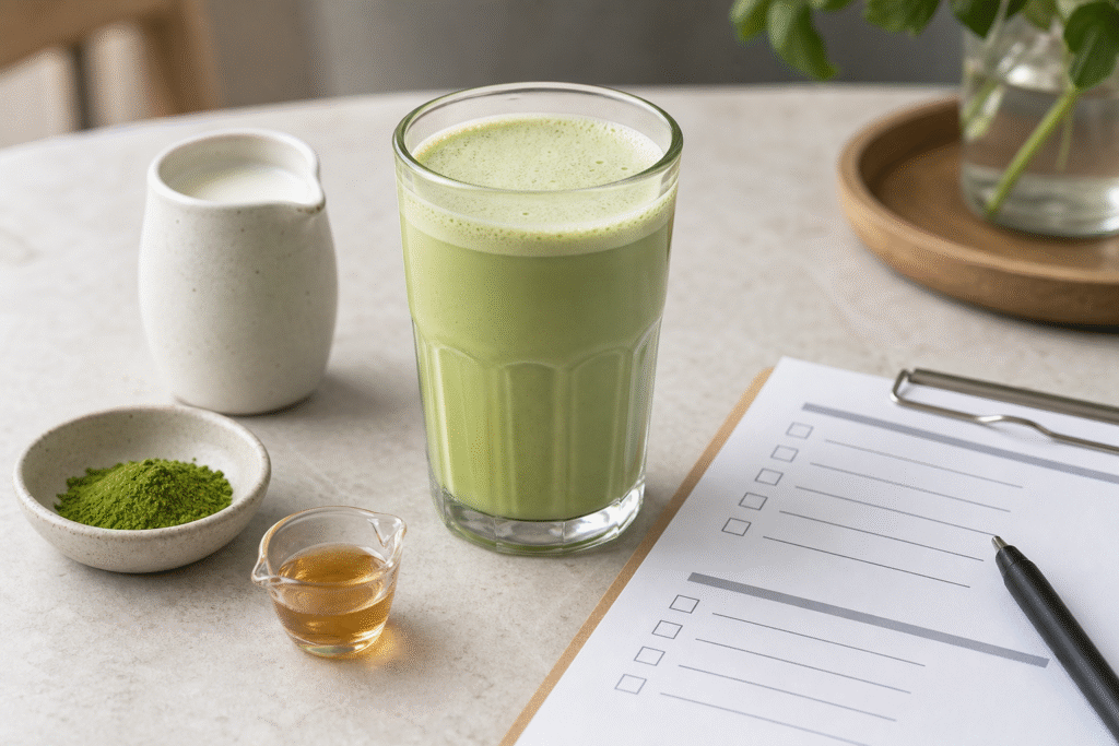 Unbranded matcha latte with matcha powder, milk and syrup