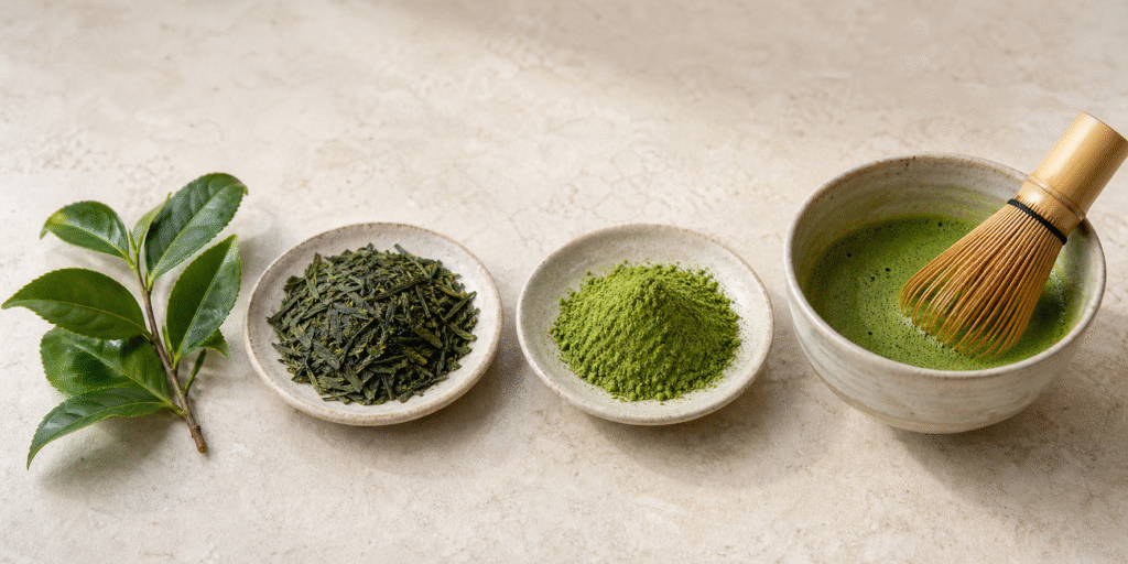 Educational still life showing tea leaves, dried leaf material, matcha powder and whisked matcha