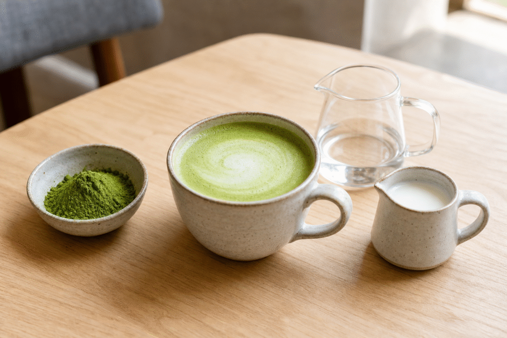 Unbranded hot matcha latte beside matcha powder, water and milk