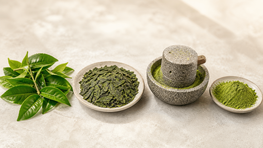 Educational sequence of fresh tea leaves, processed leaf flakes, grinding and fine matcha powder