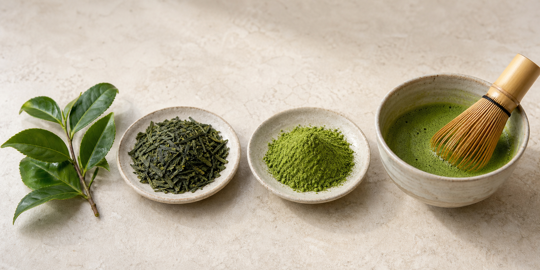 Educational still life showing tea leaves, dried leaf material, matcha powder and whisked matcha