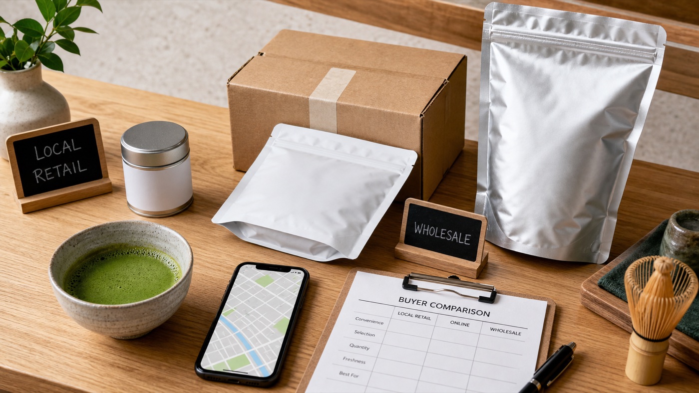 Unbranded local retail, online and wholesale matcha purchasing options