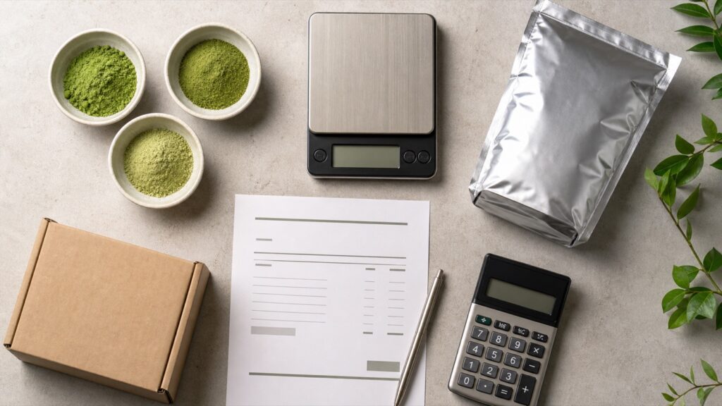 Different matcha powders, bulk pouch, scale, carton and blank quotation sheet