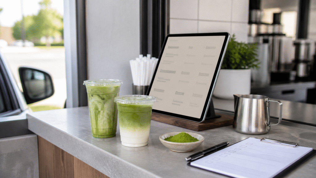 Unbranded drive-thru cafe counter with green tea drinks and a blank menu tablet