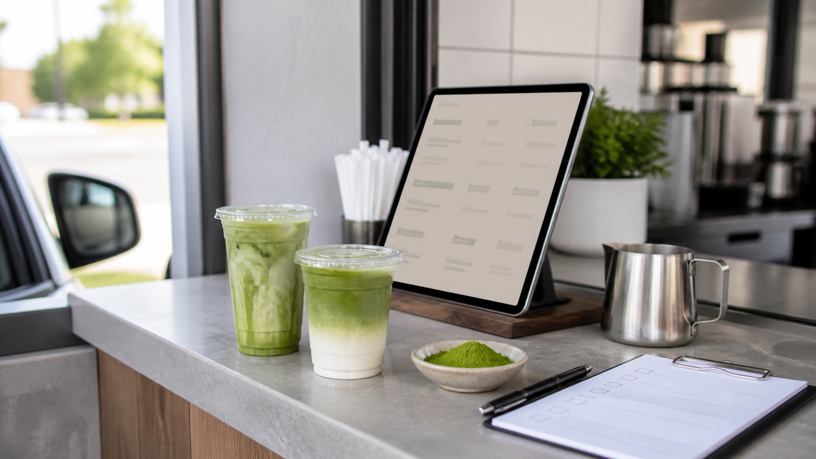 Unbranded drive-thru cafe counter with green tea drinks and a blank menu tablet