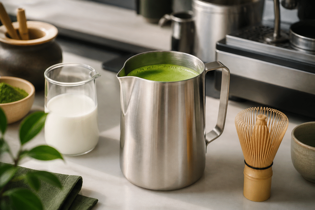 Stainless pitcher of matcha concentrate with whisk and milk