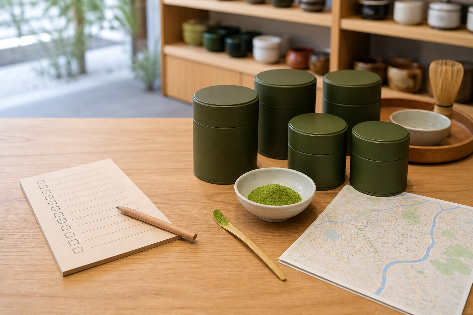 Plain matcha tins, a bowl of matcha powder, a checklist and an abstract city map on a Japanese tea shop counter