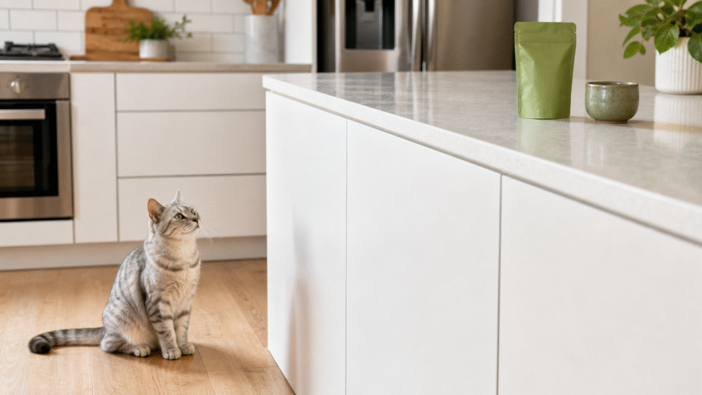 A cat on a kitchen floor looking toward sealed matcha and an untouched cup stored on a high countertop