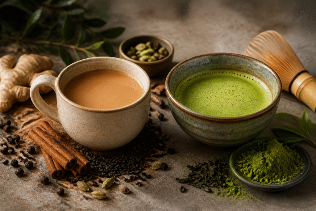 Cup of chai beside a bowl of whisked matcha