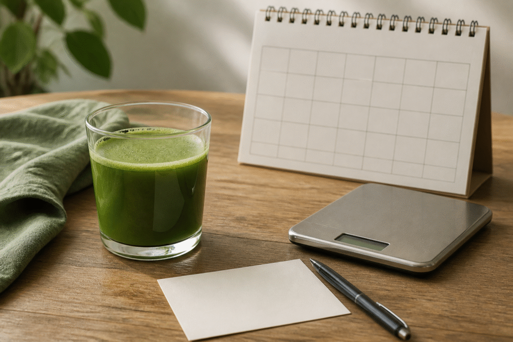 Plain matcha beside a blank weekly calendar, kitchen scale and note card