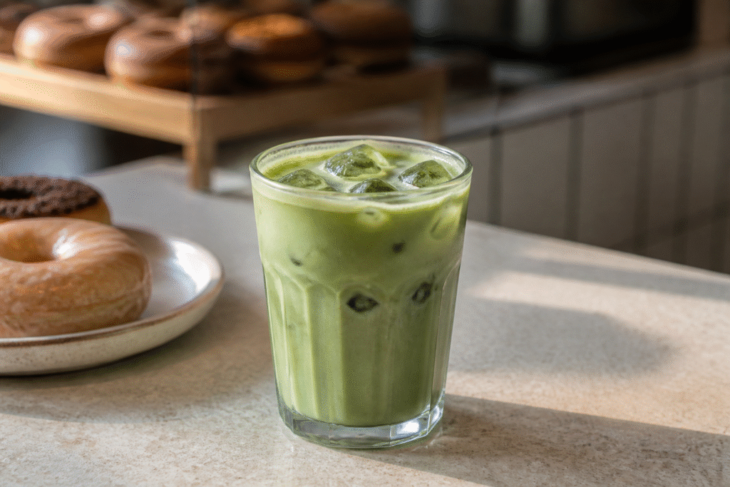Green iced matcha latte at a cafe