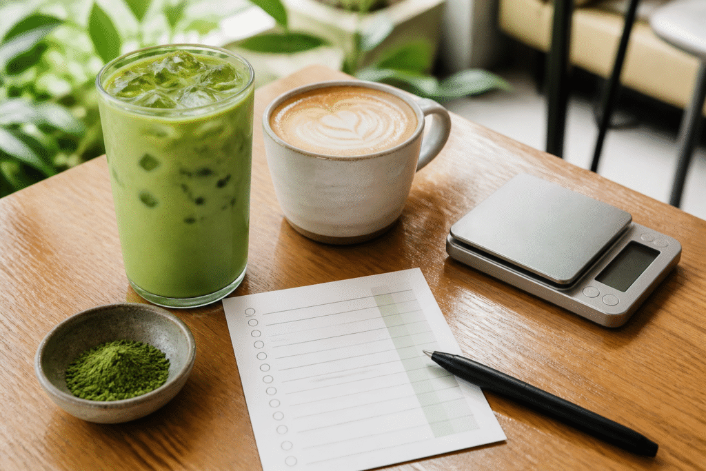 Unbranded iced matcha latte, hot latte cup, blank nutrition checklist, scale and pen on a cafe table