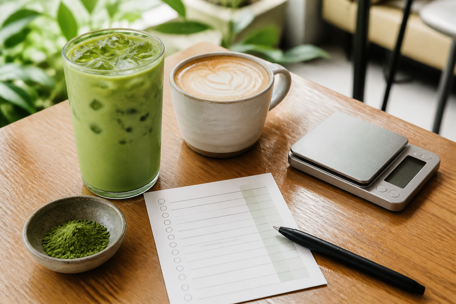 Unbranded iced matcha latte, hot latte cup, blank nutrition checklist, scale and pen on a cafe table