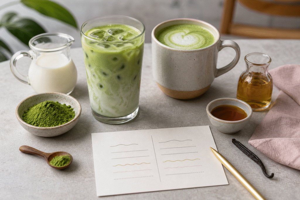 Unbranded hot and iced matcha drinks beside matcha powder, milk and vanilla syrup