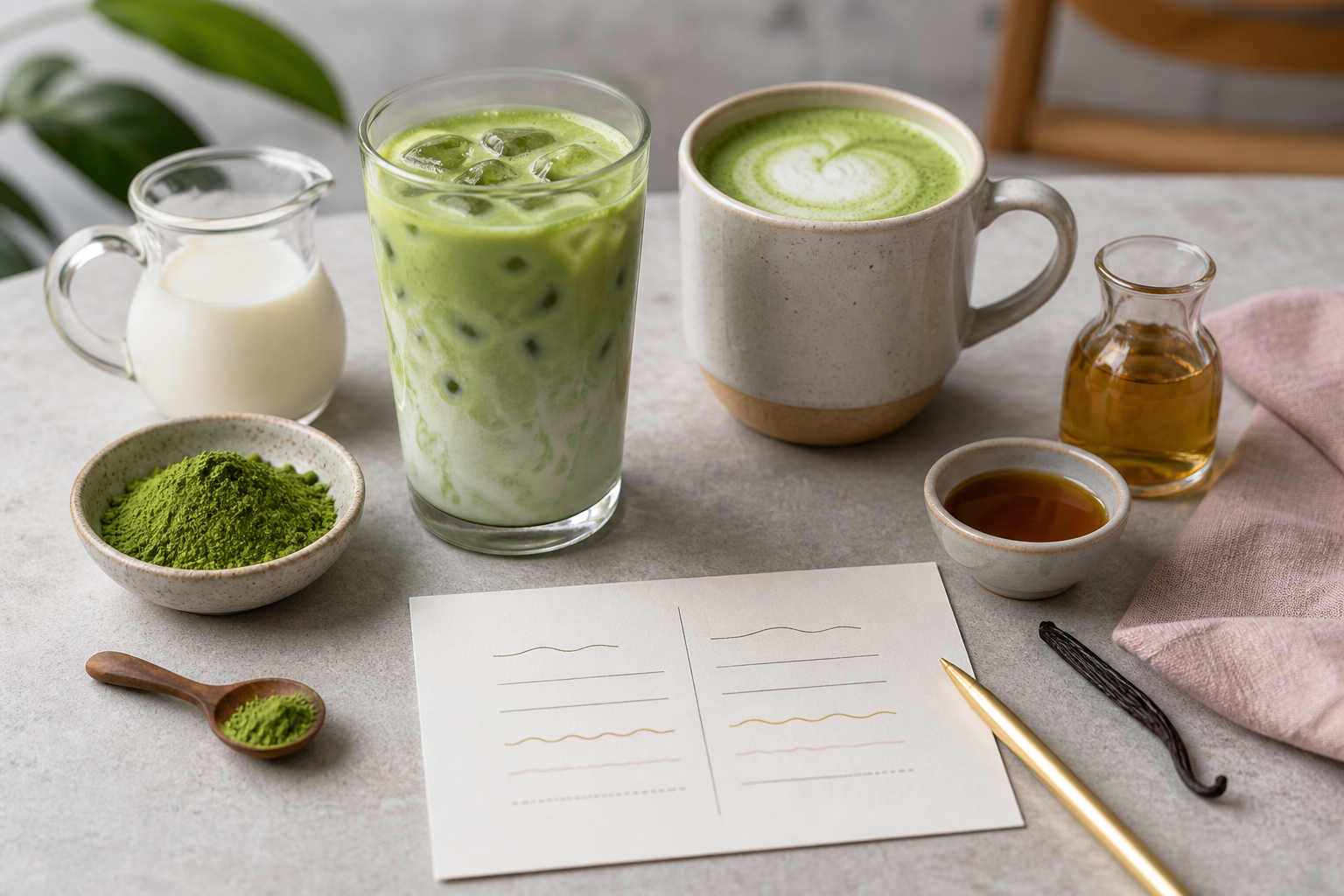 Unbranded hot and iced matcha drinks beside matcha powder, milk and vanilla syrup