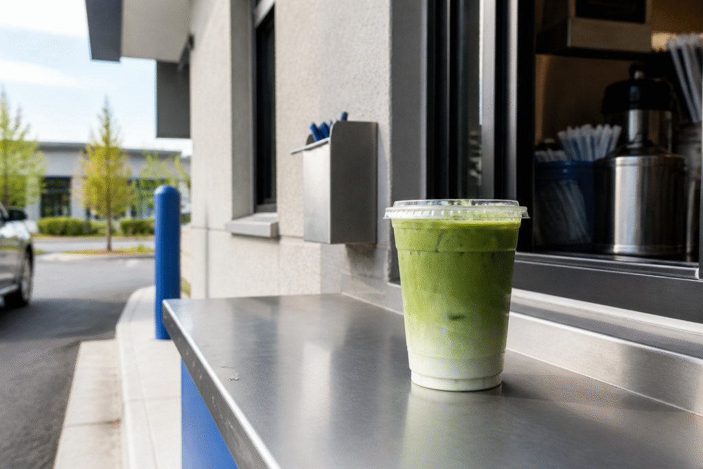 Iced green matcha latte at a drive-through cafe
