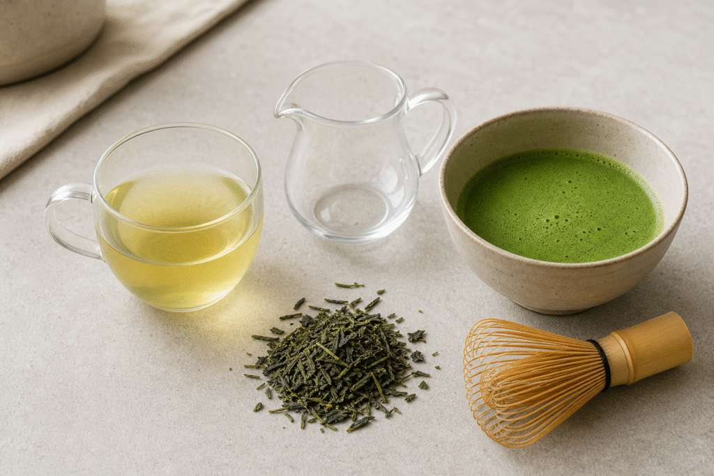 Steeped green tea with milk beside a tea bag